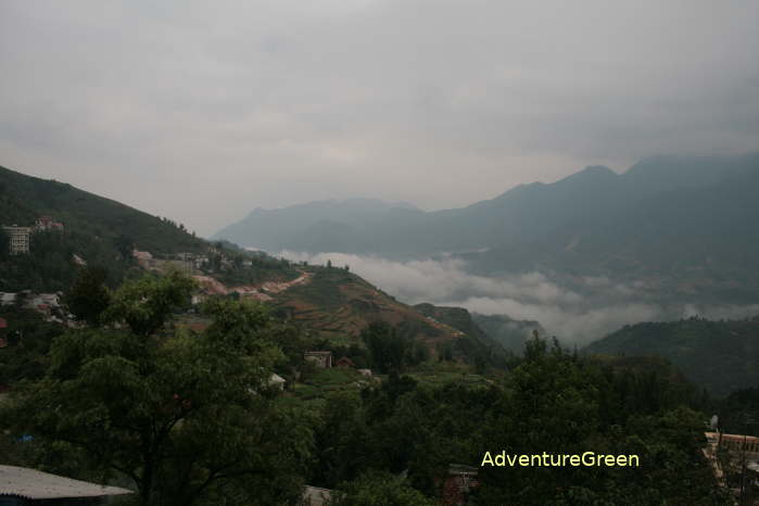 Muong Hoa Valley and Hoang Lien Mountain on a foggy day in Sapa Vietnam