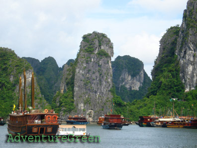 Wooden junks near the Sung Sot Cave, Halong Bay