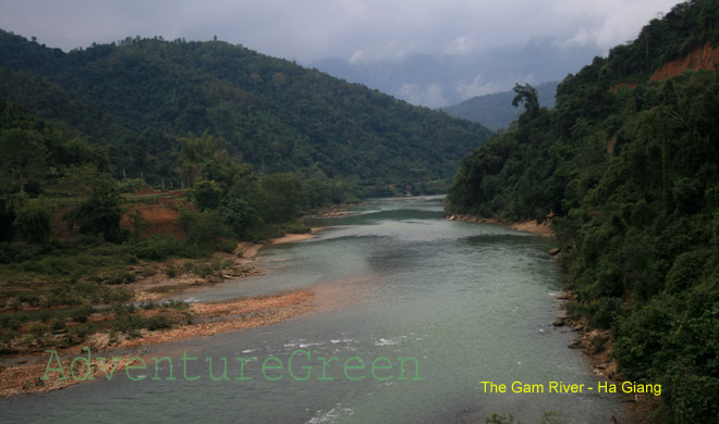 The Gam River and mountains in Cao Bang Vietnam