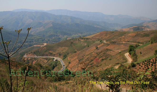 The new road and the old route on the Pha Din Pass