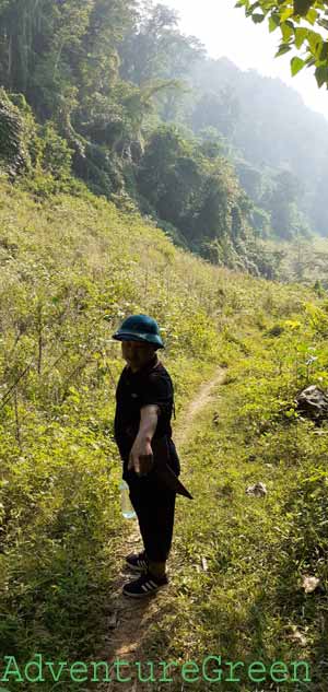 Trekking downhill from the Hang Kia Valley into the Mai Chau Valley in Hoa Binh Province, Vietnam