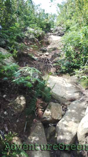 Looking back at a steep and rocky path