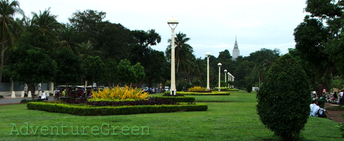 The green park at Wat Phnom, Phnom Penh, Cambodia
