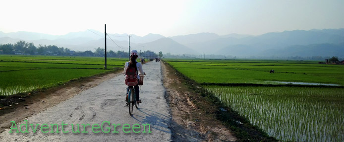 A girl biking at Muong Thanh Valley, Dien Bien Phu