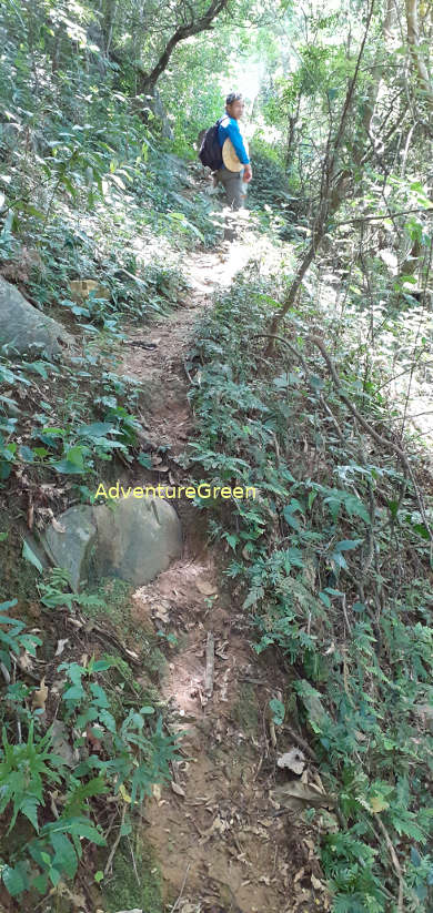 Trekking on a steep and rocky path in a dense forest at the Pu Luong Nature Reserve in Thanh Hoa Province