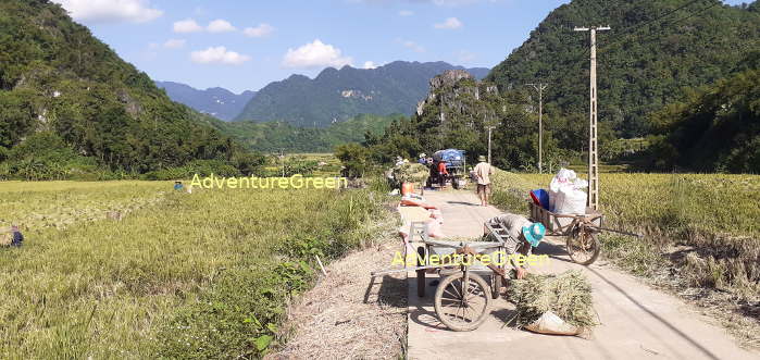 A trekking route which runs through a valley with rice fields and villages